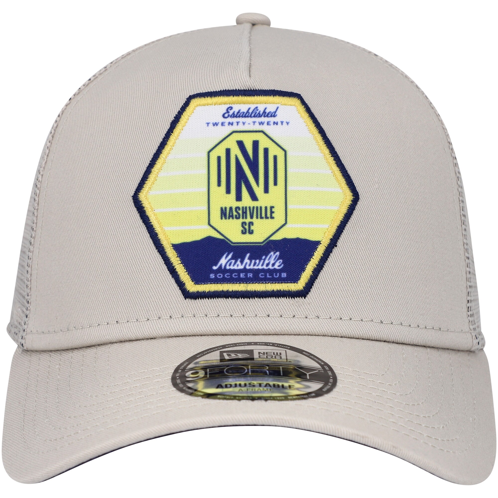 men8217s nashville sc new era khaki established patch 9forty a-frame trucker adjustable hat | San Jose Earthquakes Hats, Jerseys & MLS Apparel