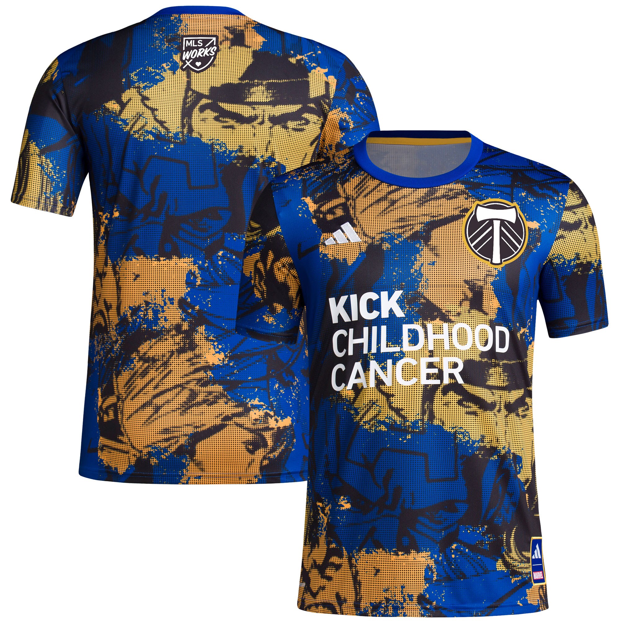 men8217s portland timbers adidas royal 2023 mls works kick childhood cancer x marvel pre-match top | San Jose Earthquakes Hats, Jerseys & MLS Apparel