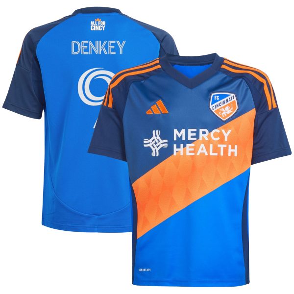 youth fc cincinnati kévin denkey adidas blue 2025 orange and blue legacy kit replica player jersey | San Jose Earthquakes Hats, Jerseys & MLS Apparel