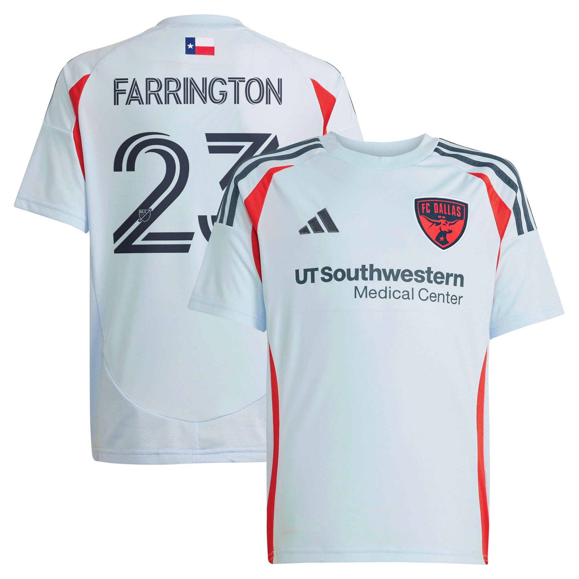 youth fc dallas logan farrington adidas light blue 2025 the inferno kit replica player jersey | San Jose Earthquakes Hats, Jerseys & MLS Apparel