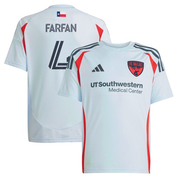 youth fc dallas marco farfan adidas light blue 2025 the inferno kit replica player jersey | San Jose Earthquakes Hats, Jerseys & MLS Apparel