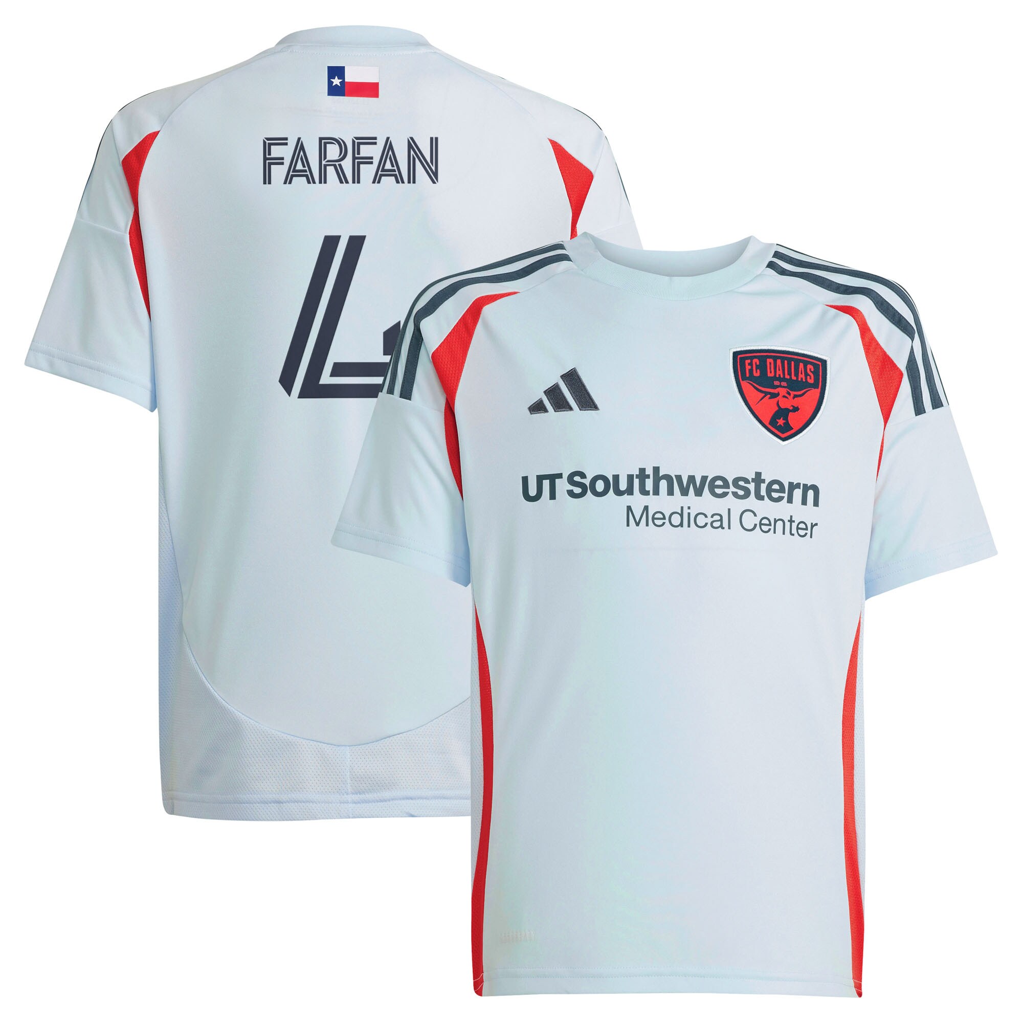 youth fc dallas marco farfan adidas light blue 2025 the inferno kit replica player jersey | San Jose Earthquakes Hats, Jerseys & MLS Apparel