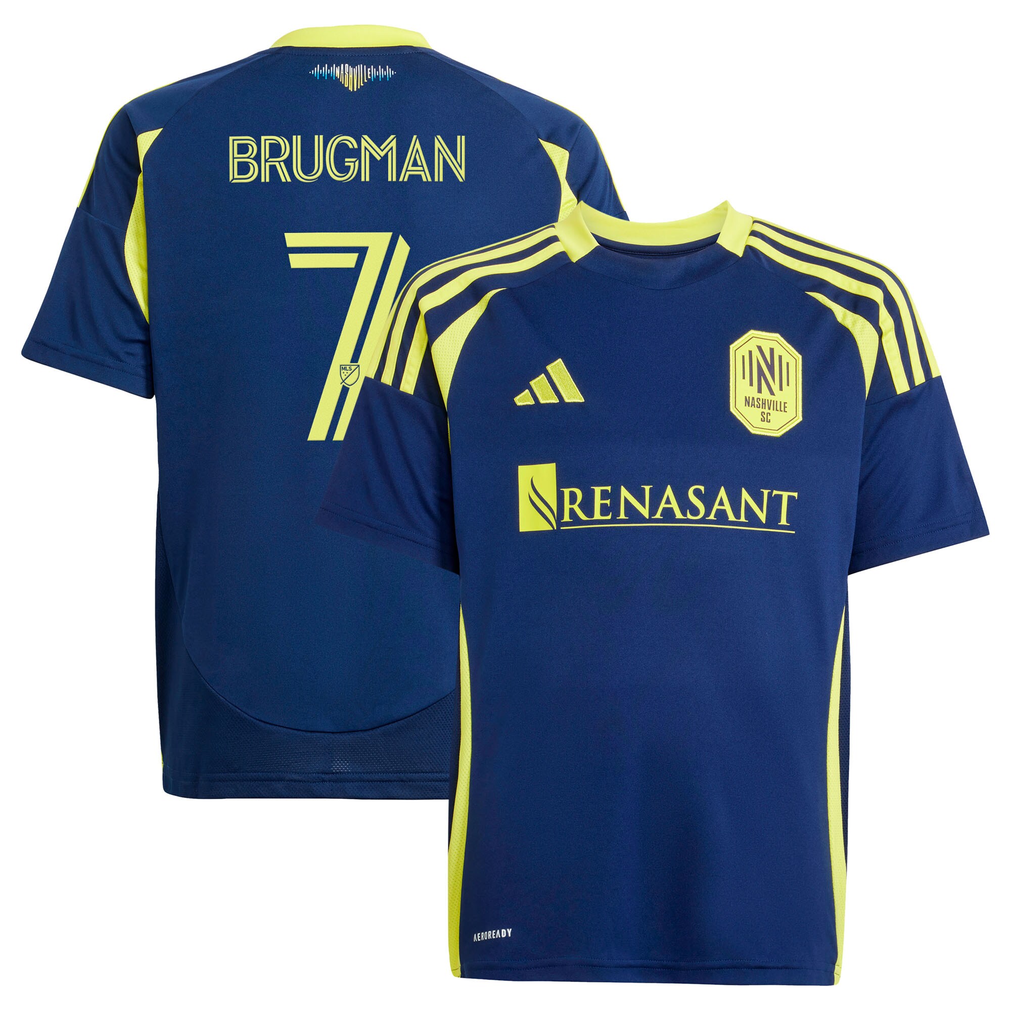 youth nashville sc gastón brugman adidas navy 2025 the heart of nashville kit replica player jersey | San Jose Earthquakes Hats, Jerseys & MLS Apparel