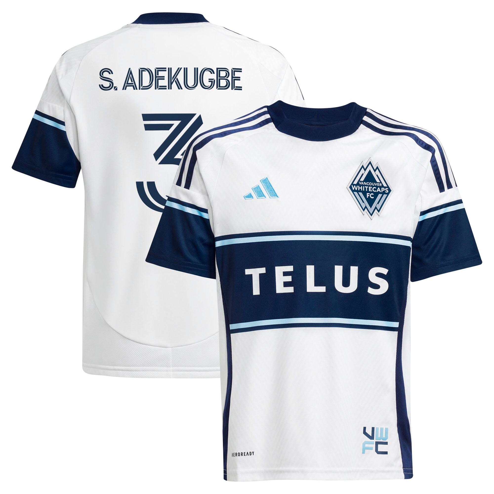 youth vancouver whitecaps fc samuel adekugbe adidas white 2025 the peak replica player jersey | San Jose Earthquakes Hats, Jerseys & MLS Apparel